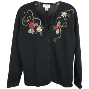 Talbots Cardigan Sweater Womens Sz M Black Wool‎ Embroidered Floral Button Front